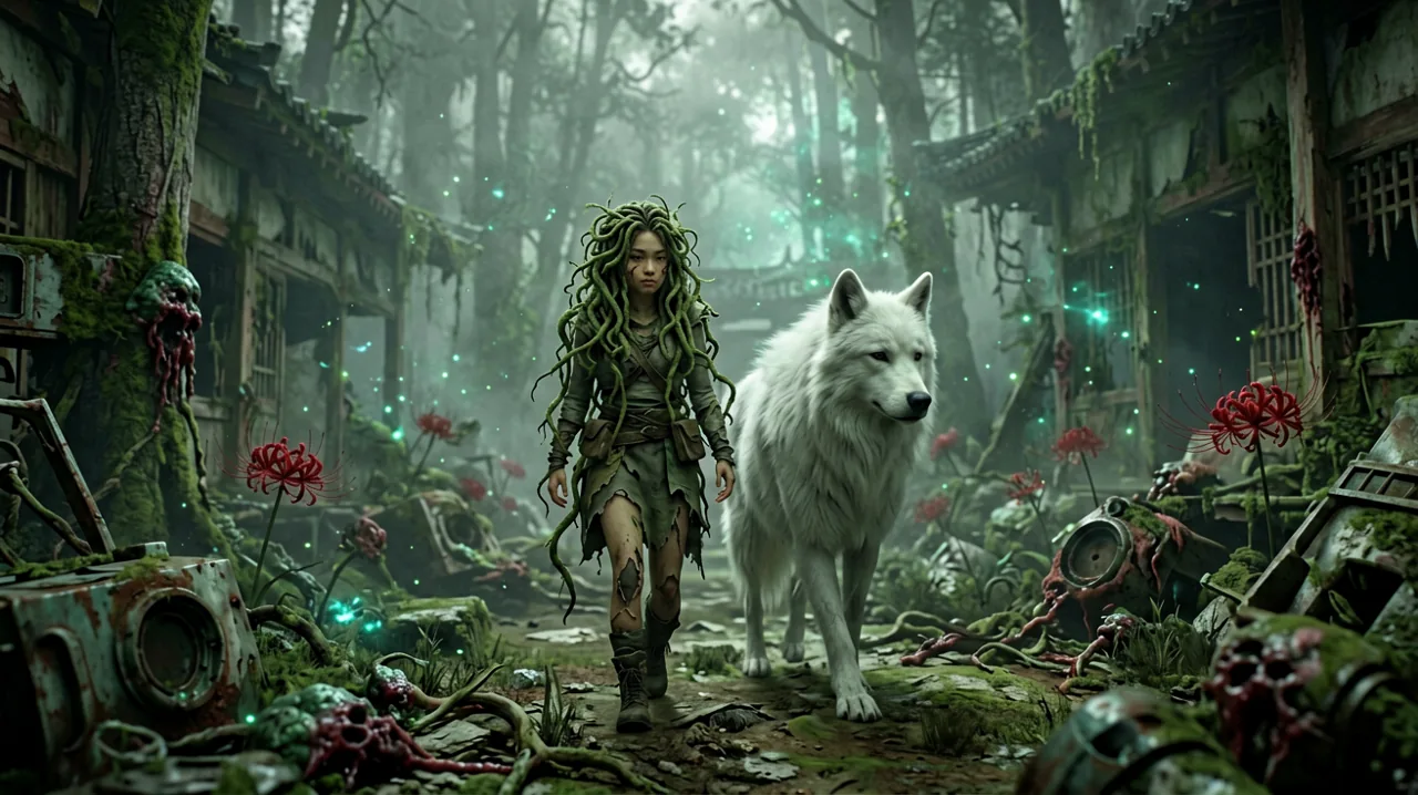 A young female warrior with vine-like hair stands beside a large white dog in a ruined post-apocalyptic Japanese village overgrown with vegetation.