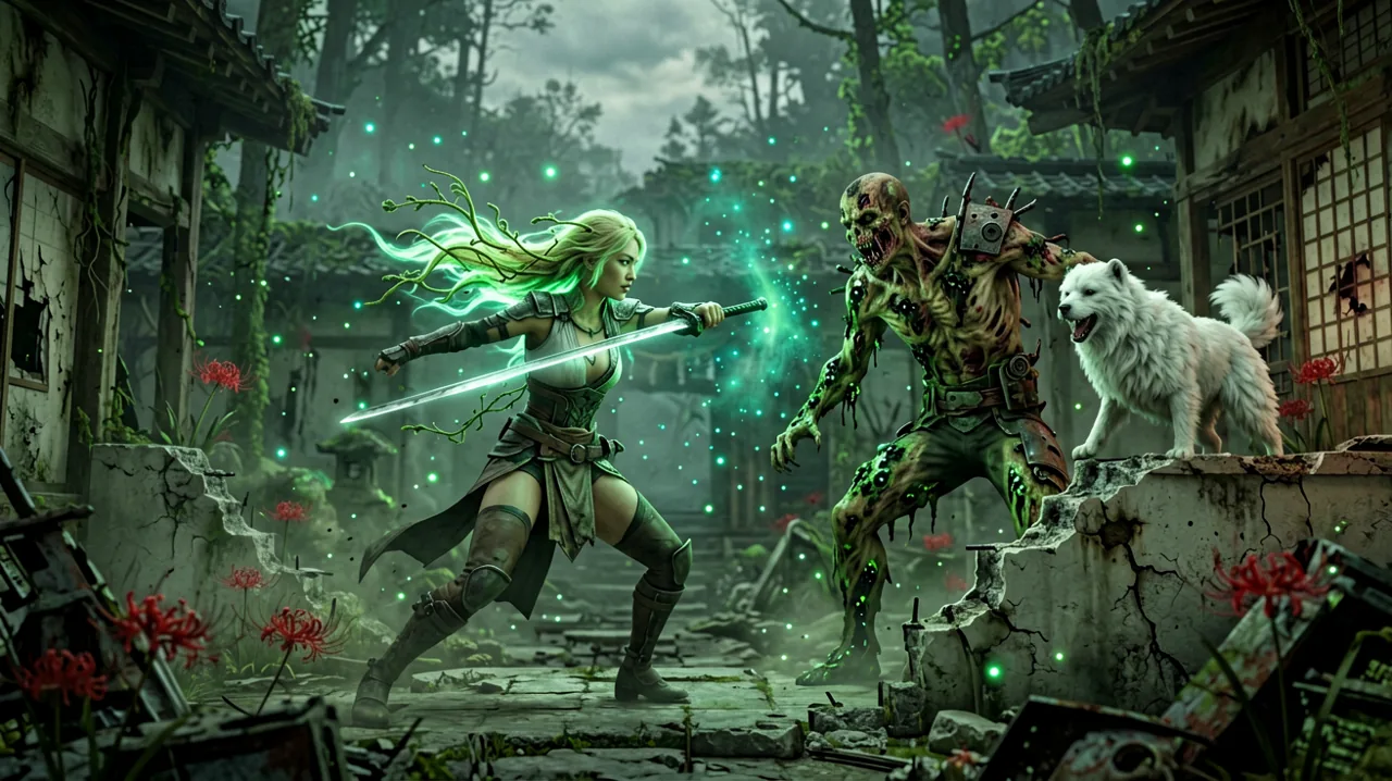 Emma deflecting a massive blow from a mutated malefact while Koo waits in the shadows, set against the backdrop of a decayed futuristic Japanese shrine.