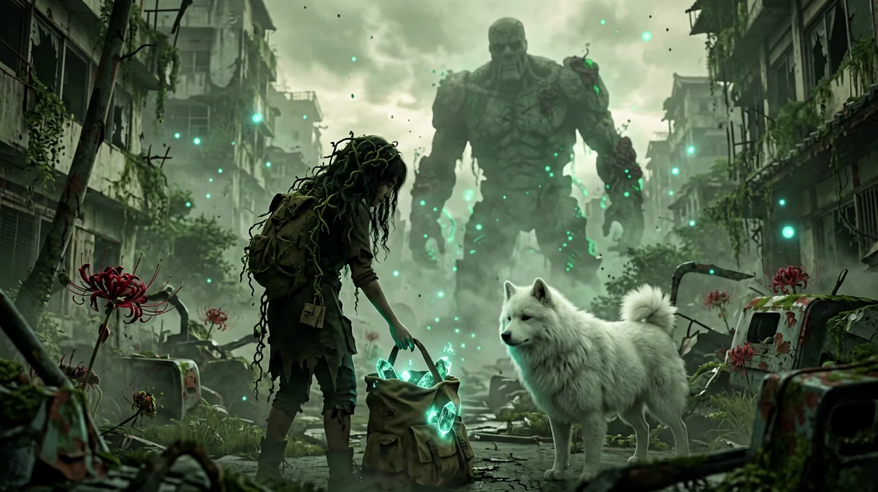 Emma using her vine hair to maneuver around a ruined Japanese shrine while Koo stands watch, surrounded by green blight.