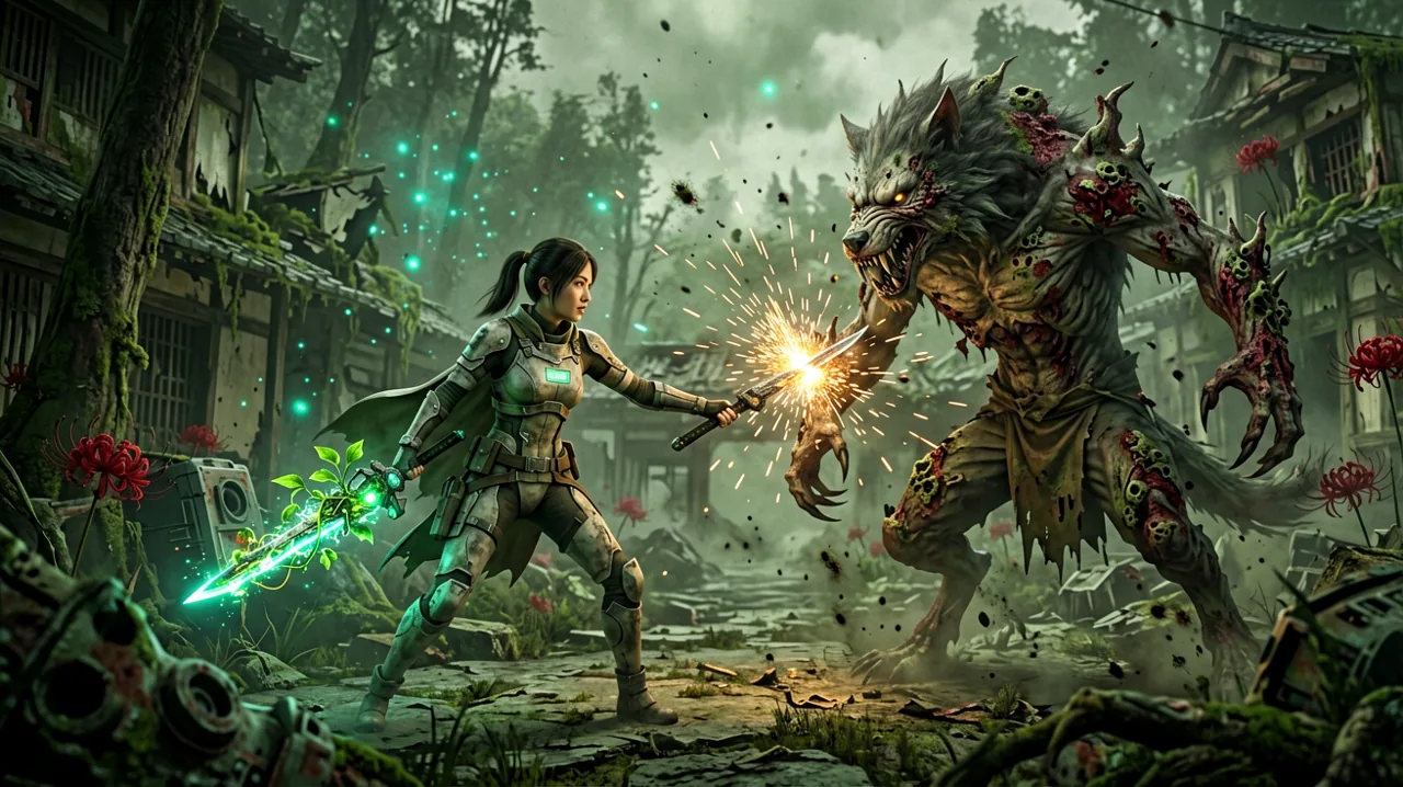 Emma deflecting a massive strike from a canine-like malefact amidst a spore-filled post-apocalyptic Japanese village, with bright sparks illuminating the ruined environment.