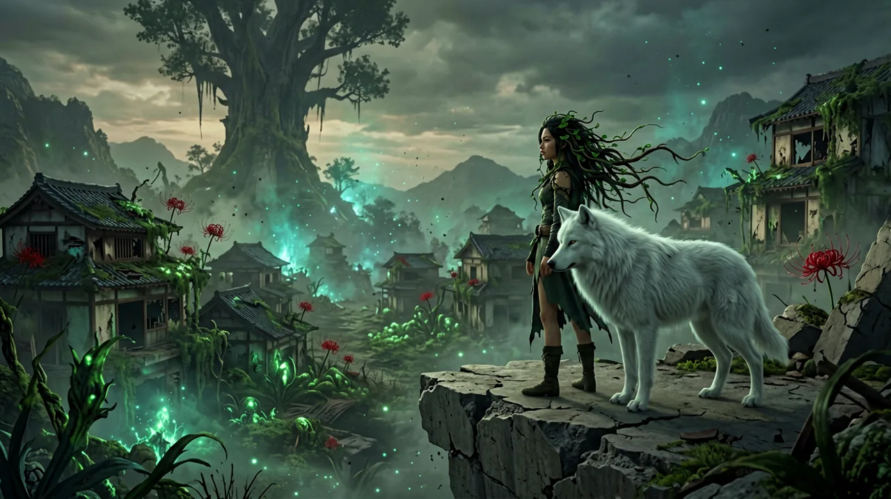 An 18-year-old girl with dark, vine-like tendrils extending from her hair stands beside a large white dog, overlooking a ruined, blight-infested Japanese mountain village.