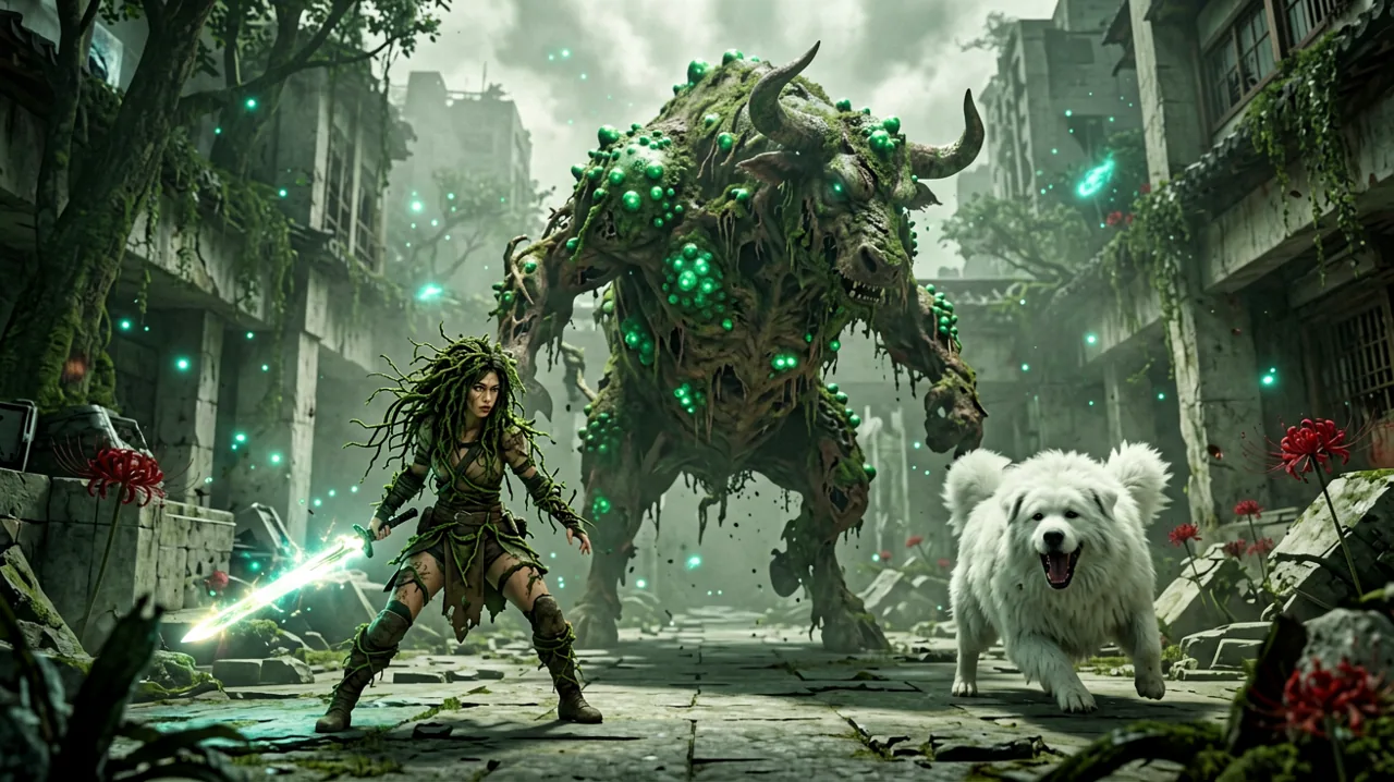 A giant, mutated bovine monster covered in glowing green parasitic spores fighting a young woman and her large white dog in a ruined, brutalist stone fortress.