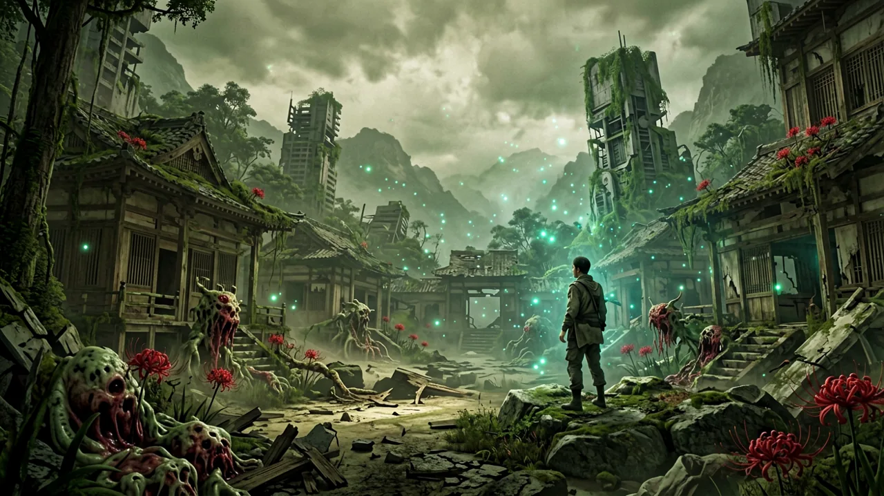 A mountain survivor settlement in a ruined futuristic Japan, showing the blend of traditional architecture and decaying technology.