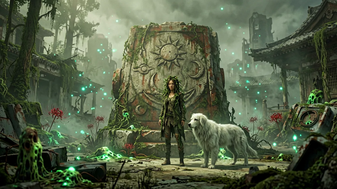 A young woman and her white dog examine a large celestial stone mechanism in a ruined, spore-filled landscape.