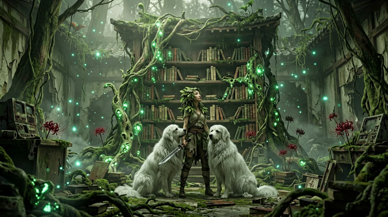 Emma and Koo exploring a ruined, overgrown Japanese library filled with glowing green spores.