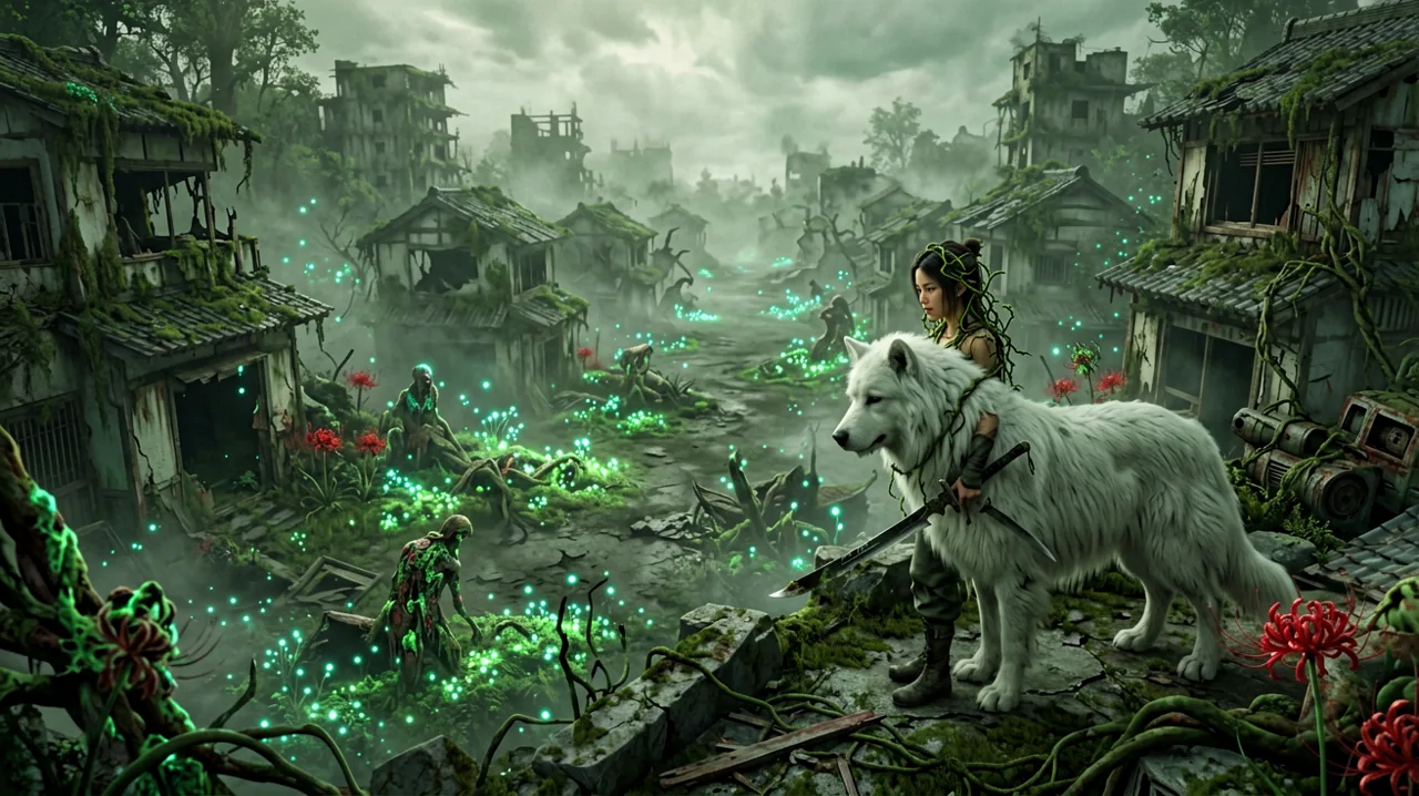 A lone Sealer and a large white dog looking over a ruined, spore-filled landscape from a high cliff.