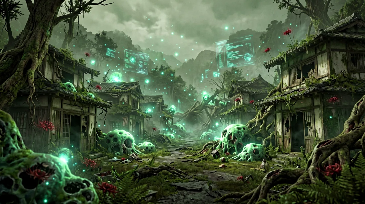 A wide panoramic view of a ruined Japanese mountain settlement in 4026, heavily overgrown with glowing green blight spores, showcasing an expanded field of view.