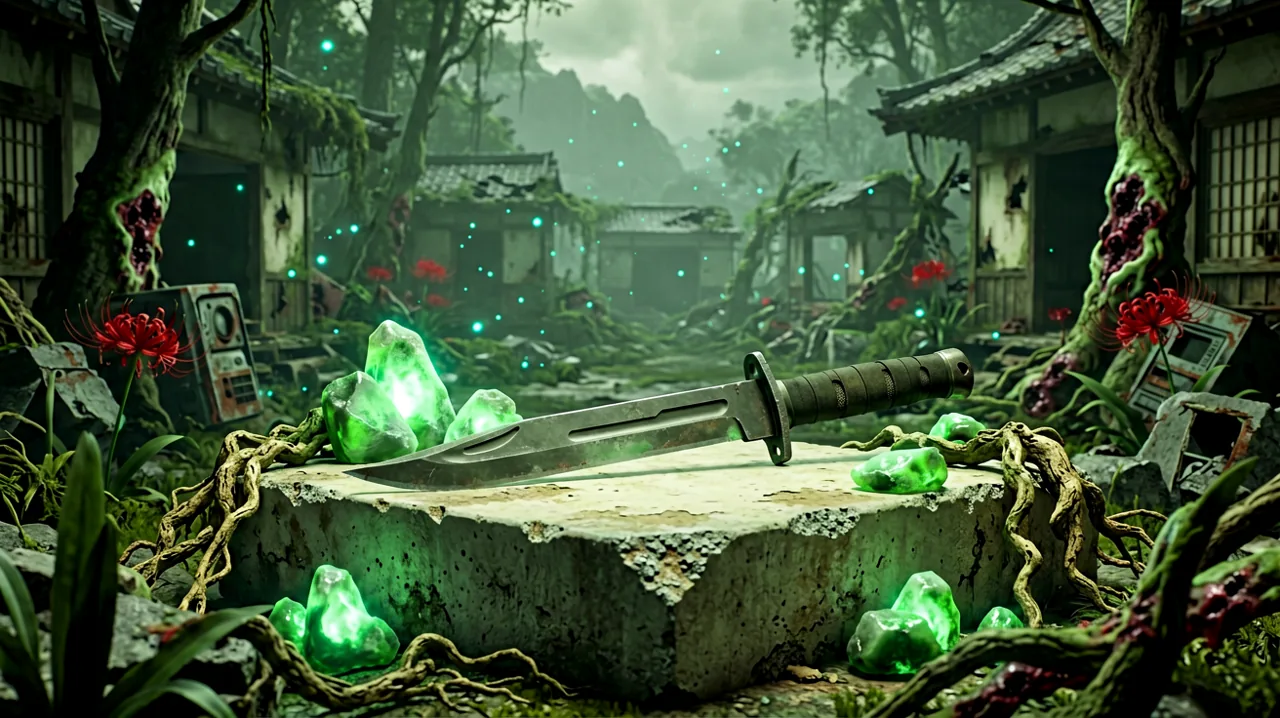 A 1960s-style tactical blade and glowing spirit stones resting on a weathered concrete surface in a ruined environment.