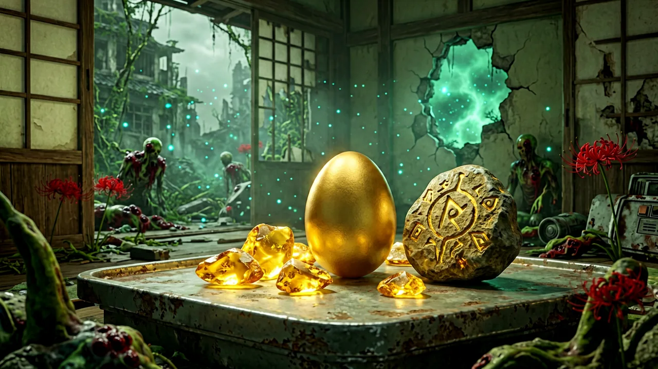 A still life featuring glowing amber shards, golden eggs, and a textured spirit stone on a metallic surface inside a decaying Japanese room.