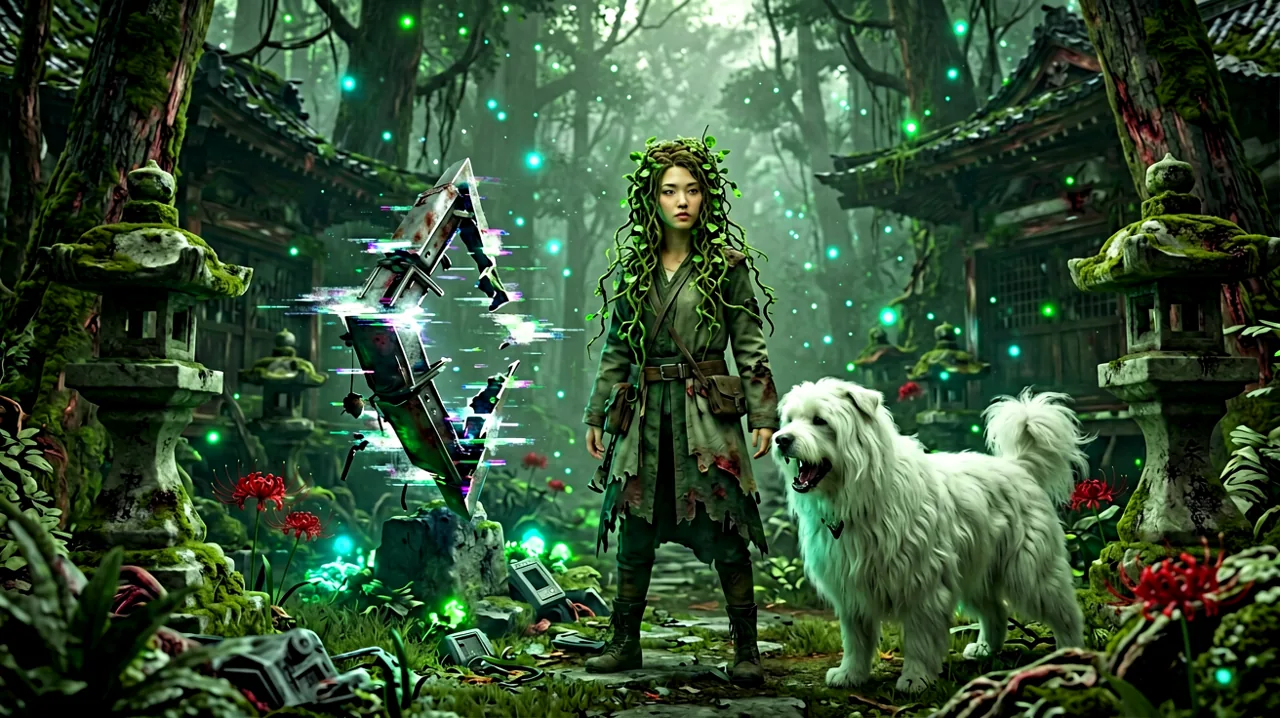 Emma stands in a dense, blight-infested Japanese ruin, looking cautiously at a corrupted, glitching spatial anomaly.