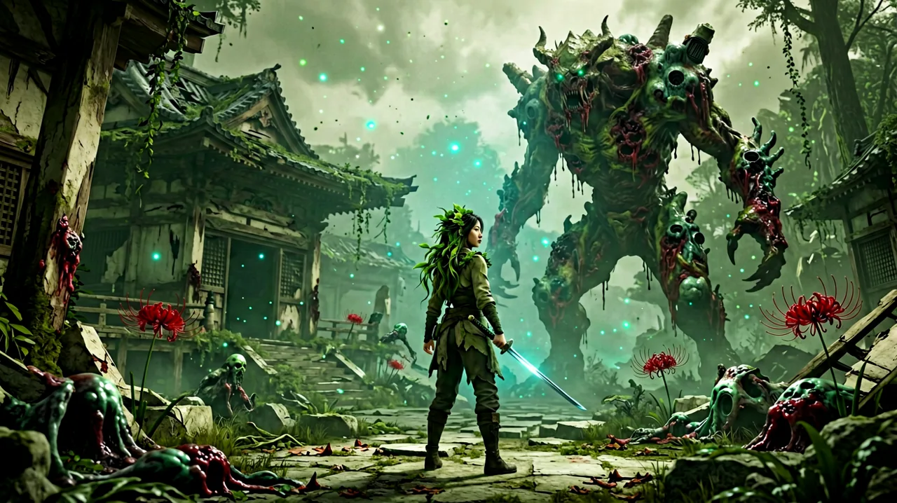 A lone young woman facing a massive corrupted malefact in a ruined Japanese temple.