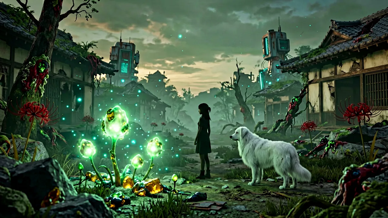 Emma observing glowing Blight Sprouts emitting green spores in a ruined Japanese landscape.