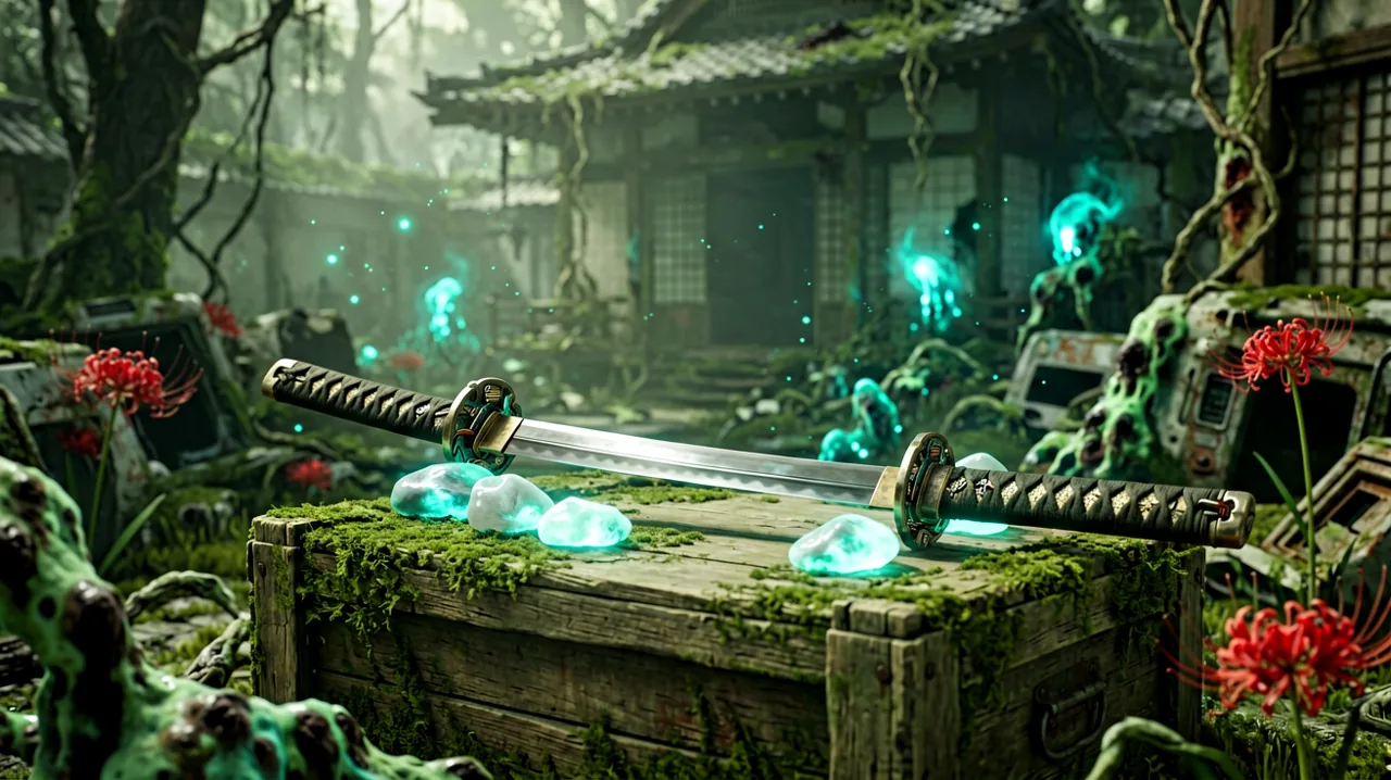 A retro-futuristic 1960s style katana and a glowing spirit stone resting on weathered Japanese architecture.