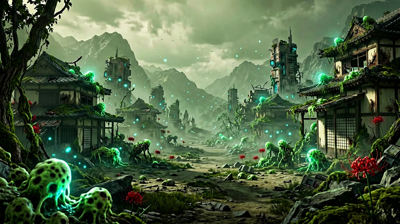 A sprawling survivor settlement nestled in a valley, blending traditional Japanese architecture with rusting futuristic tech and distant wastelands.