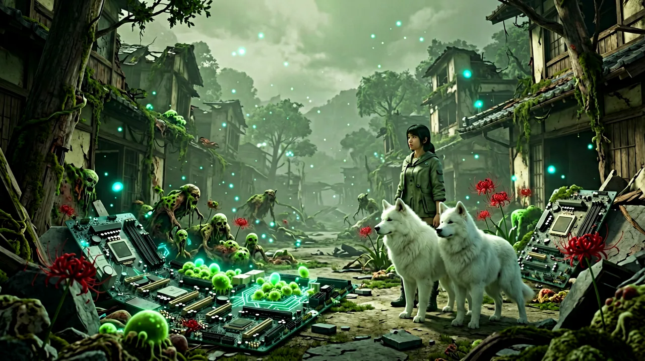 A conceptual artwork blending a PC hardware motherboard structure seamlessly into the desolate, blighted ruins of a 4026 Japanese mountain settlement.