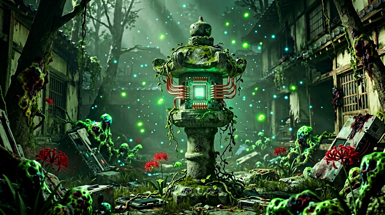 A conceptual integration of glowing PC hardware components morphing into a blight-infested Japanese landscape.