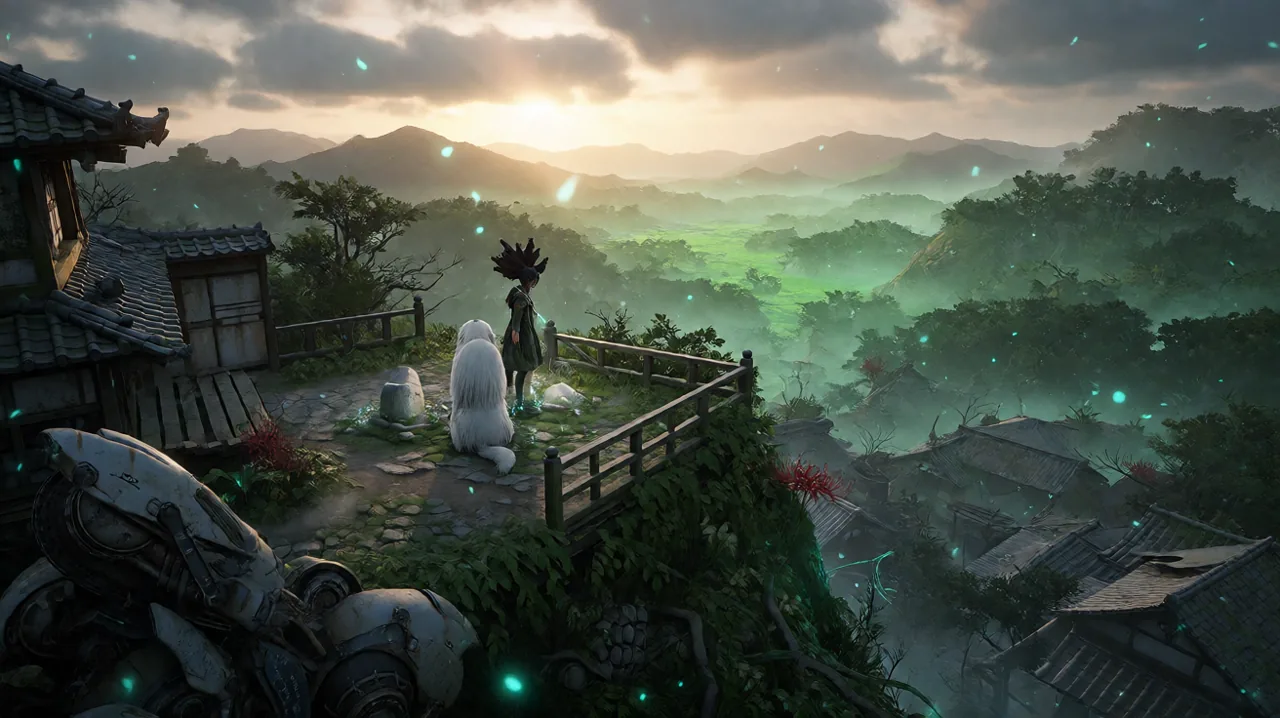 A ruined futuristic Japanese mountain settlement overgrown with green spores, showcasing the blighted world of Beast of Reincarnation.