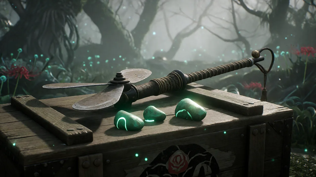 Still life of a 1960s-style wind blade and glowing spirit stones resting on a weathered wooden crate.