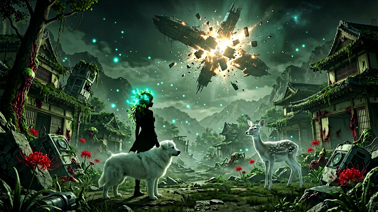 A lone girl and her white dog looking up at a crumbling space station in the night sky over overgrown ruins.