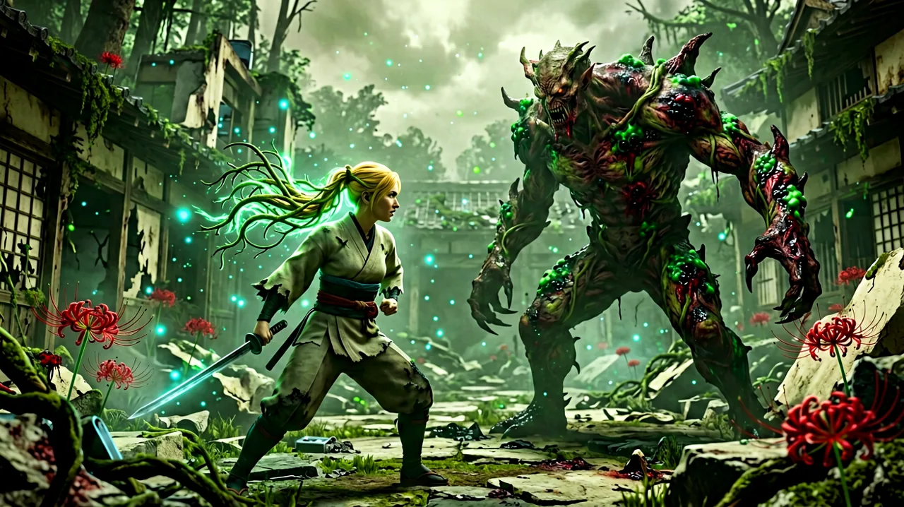 Emma facing down a massive Malefact in a ruined Japanese landscape with her vine-like hair readied for combat.
