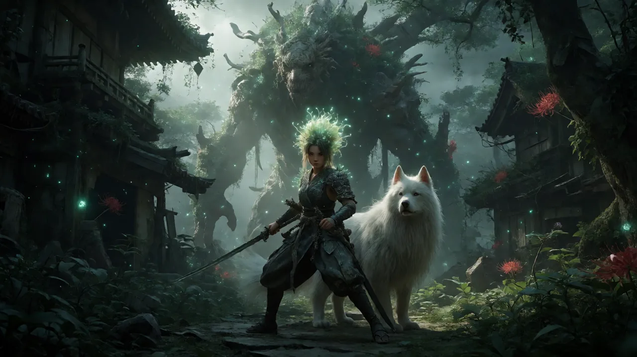 A cinematic combat scene in the blighted ruins of Japan, featuring a young female warrior and her dog companion facing a massive mutated beast.