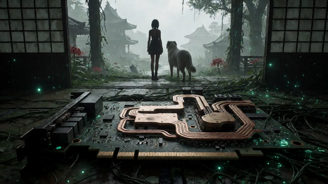 A shattered graphics card overgrown with mutated green vines blending into a ruined year 4026 Japanese wasteland.