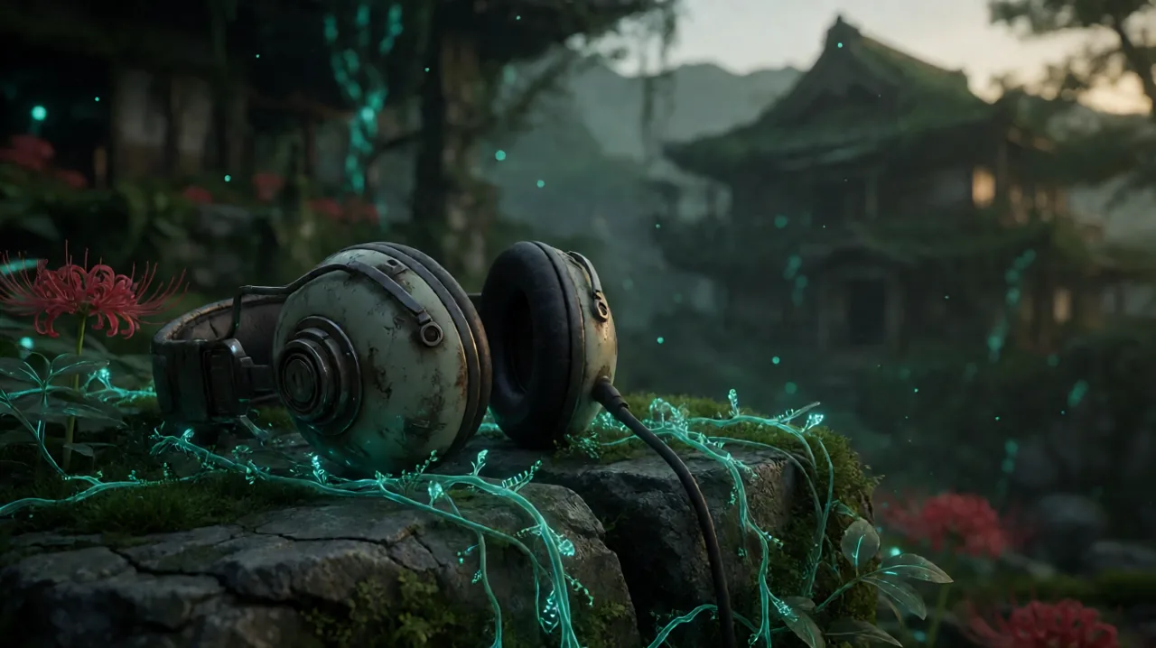 A weathered, retro-futuristic audio headset resting on a cracked stone surface overgrown with bioluminescent cyan blight vines.