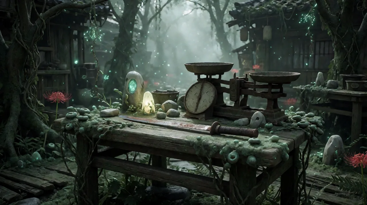 A static life showcase of ancient Japanese artifacts entwined with glowing vines and a discarded merchant's scale, referencing deals and equipment.