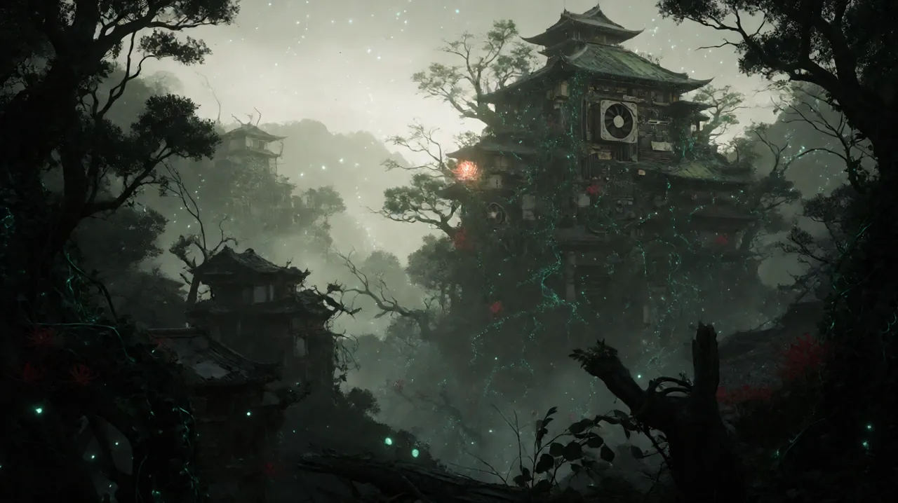 Conceptual art blending PC hardware circuitry with a ruined, vine-overgrown Japanese settlement.