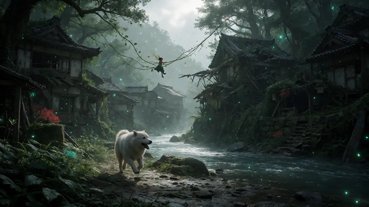 A young woman uses vine-like hair to swing above a corrupted river, while a large white dog runs along the muddy bank in a ruined mountain village.