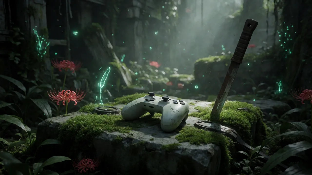 A modern white gamepad resting on a moss-covered concrete slab in a ruined Japanese setting.