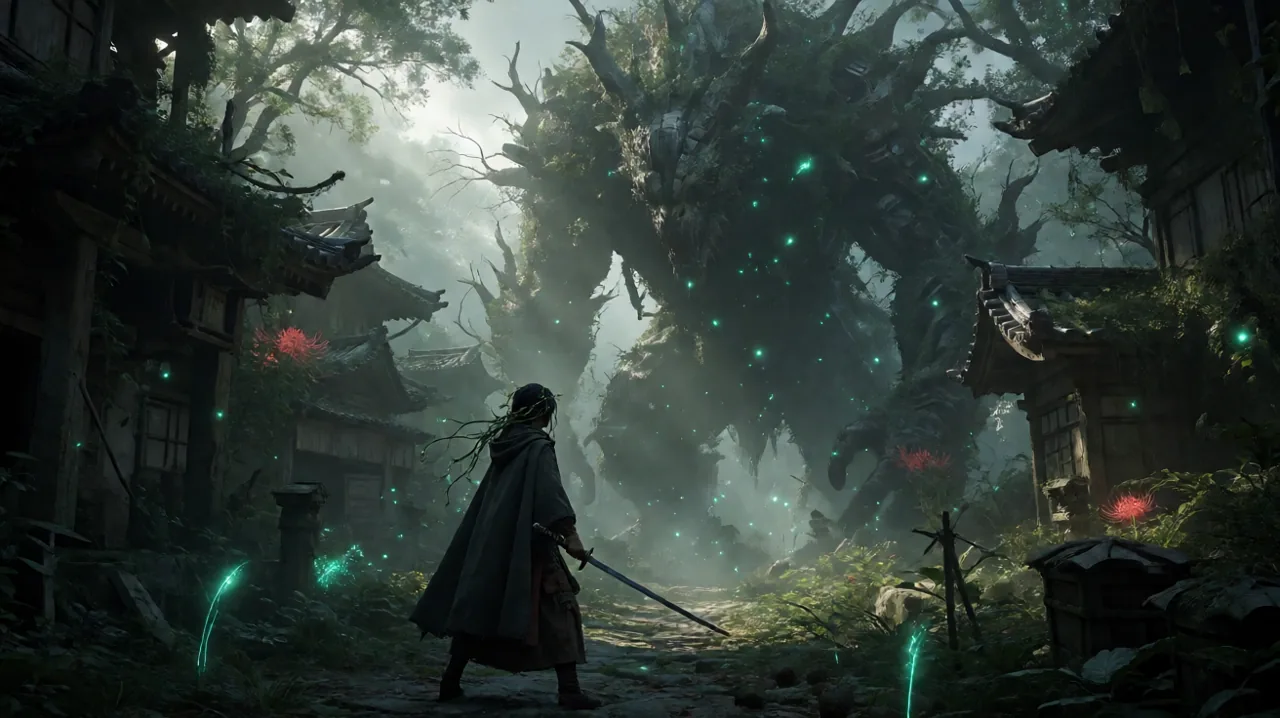 A lone young woman wielding a sword against a colossal mutated beast in an overgrown, ruined village filled with glowing spores.