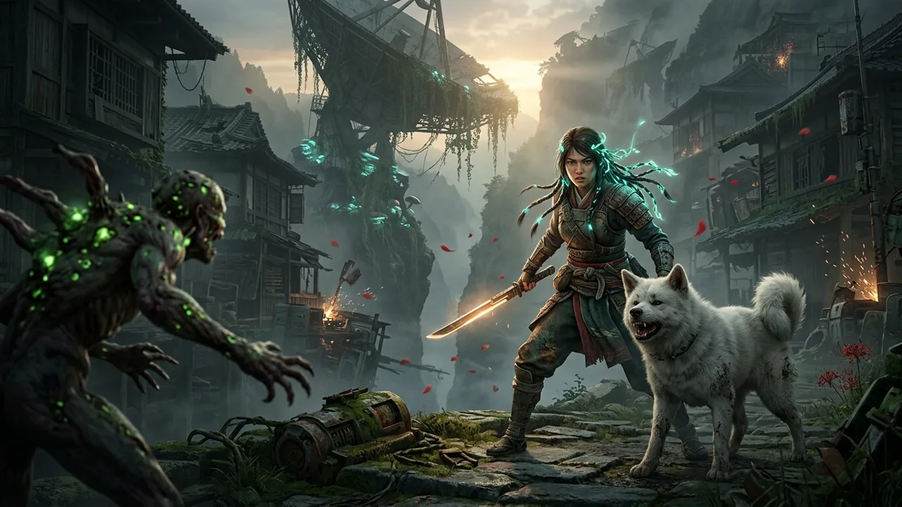 A young warrior and her large canine companion face off against a mutated creature beneath a ruined satellite in a blight-infested gorge.