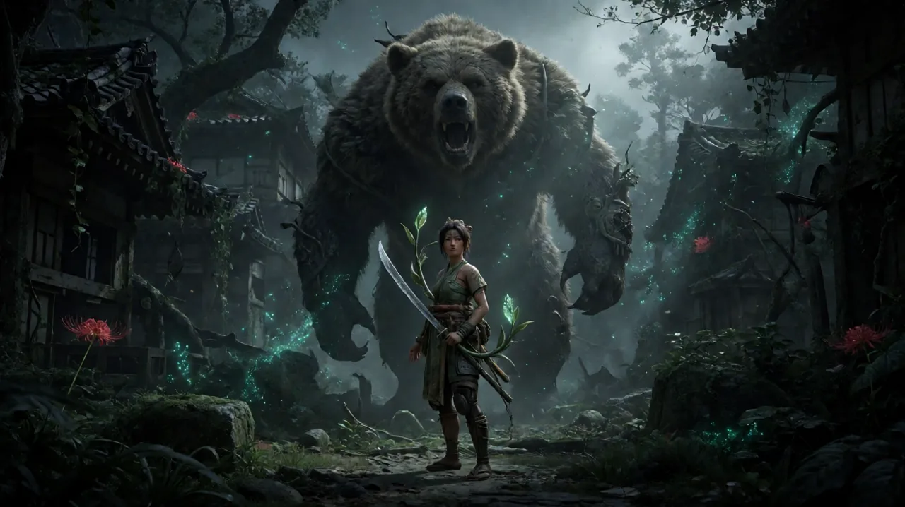 A young female warrior and her canine companion facing a massive, bear-like corrupted beast in a ruined Japanese village.