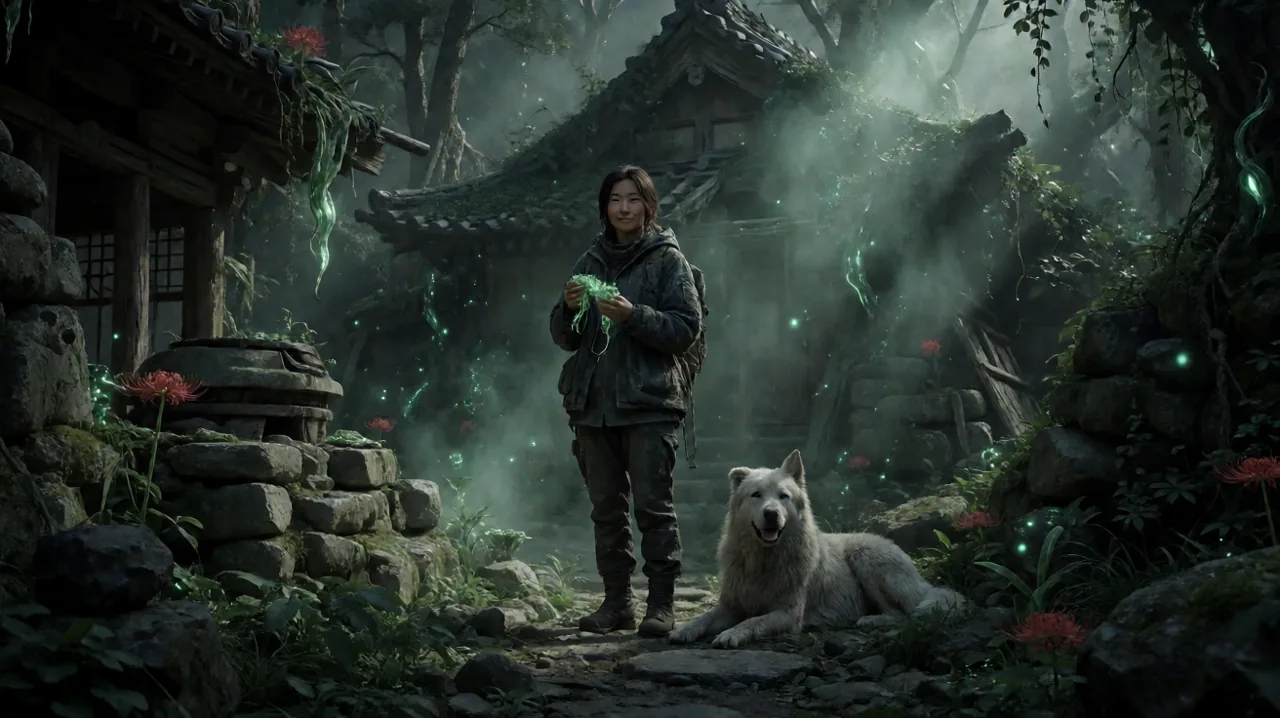 Emma interacting with a purification device in a ruined mountain settlement, holding strange glowing plant-based food materials.
