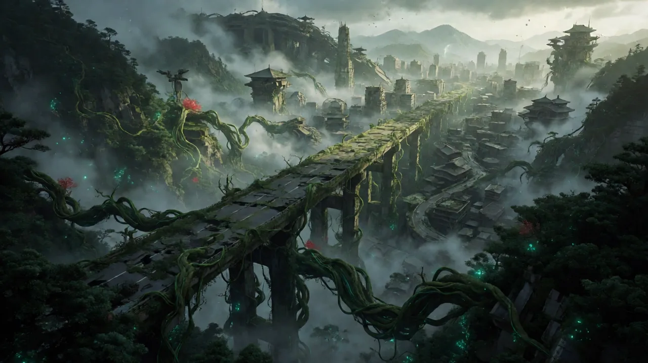 A dilapidated futuristic highway overgrown with glowing green blighted vegetation, overlooking a collapsed cityscape in the distance.