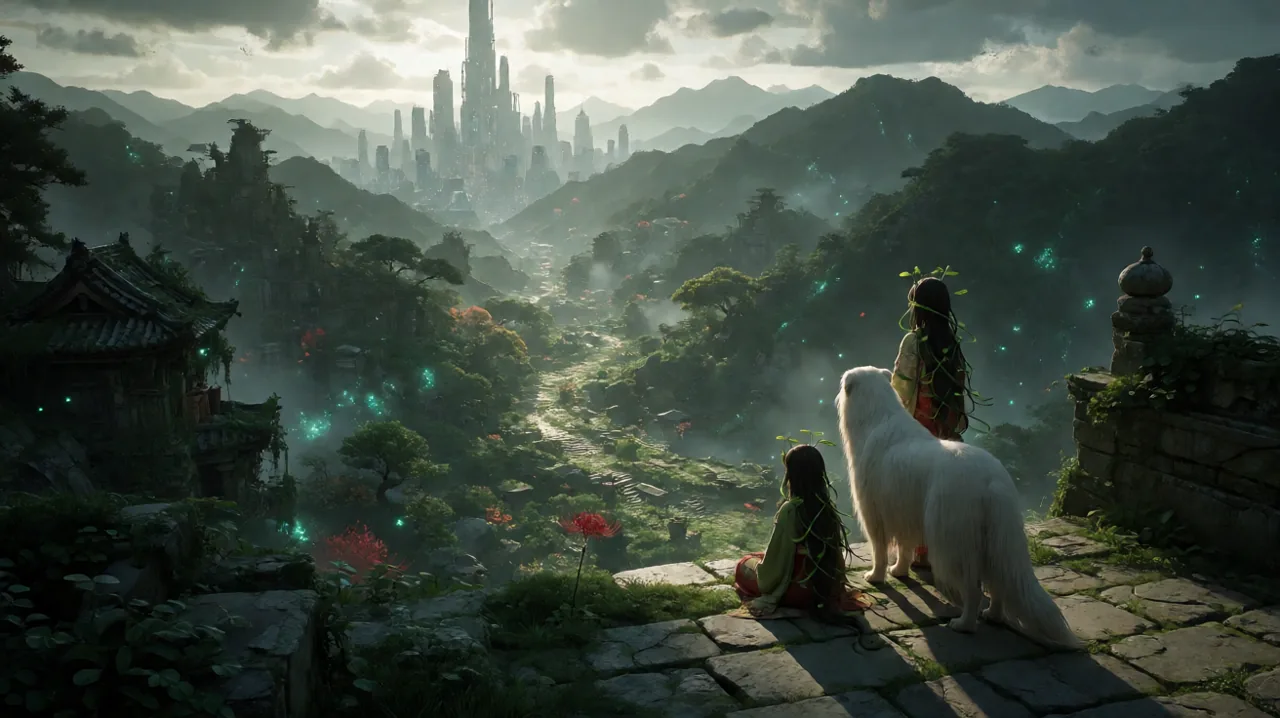 Emma and Koo looking over the blighted mountains toward the distant Capital from an ancient stone terrace.