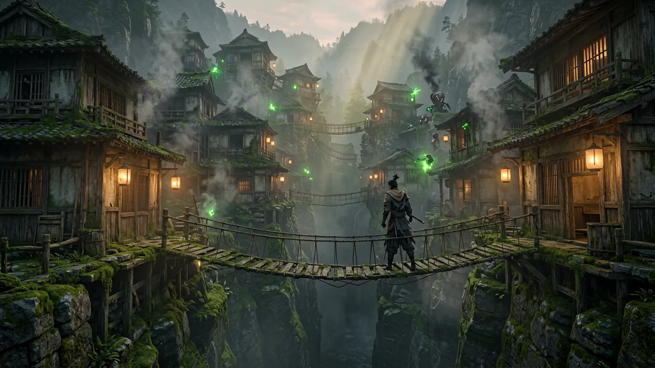 A fortified mountain colony perched above the blight, lights against the dusk
