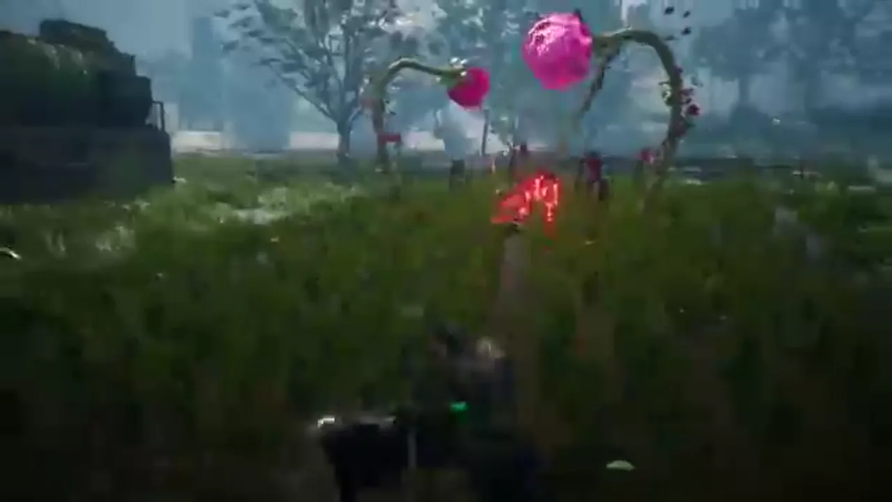 A blighted field with large pink flowering forms in an official Beast of Reincarnation PlayStation trailer frame