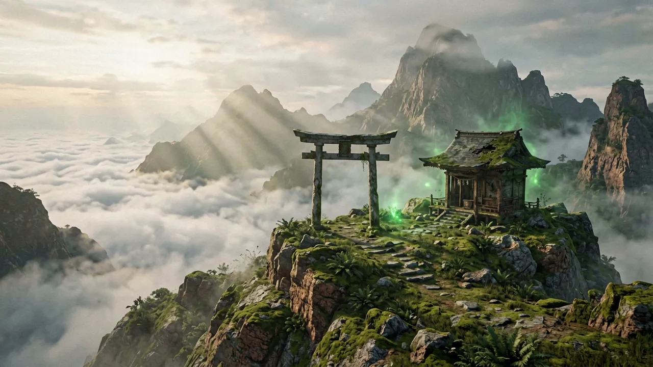Mist-wrapped sacred peaks rising above a blighted valley, traditional shrines along the ridges