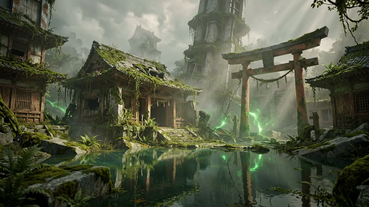 Rusted advanced structures half-buried beneath blight overgrowth in a far-future ruin